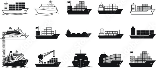 Ship and vessel outline icon collection with cargo, cruise, and container ships flat vector illustration isolated on white background for maritime design