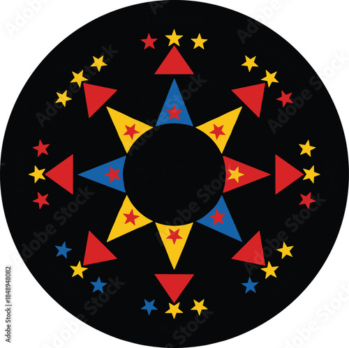 Mystical Black Zodiac Wheel Illustration Featuring Colorful Geometric Stars and Triangles With Astrological Sign Names Isolated on a White Background