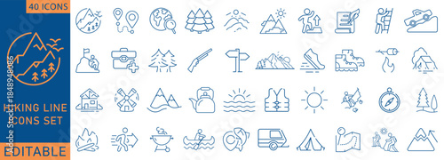 Hiking icons set. Contain icons related to Hiking, adventure, outdoor, mountain, nature, camping and more. line Icon Collection. Fully Editable. Vector illustration.