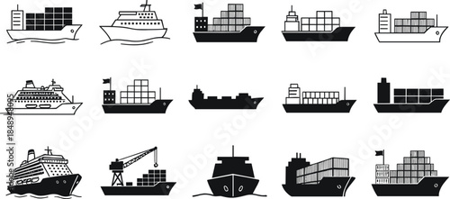 Ship and vessel icon silhouette collection with cargo cruise and container ships flat vector illustration isolated on white background for maritime design