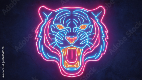 Neon tiger head design with bright colors and fierce expression