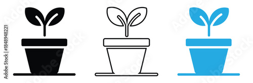 Minimalist plant icons in black, white, and blue for growth concepts,Seedling icon vector silhouette. Leaf nature icon vector,Potted plant growth. Simple icon of a potted plant, symbolizing growth,