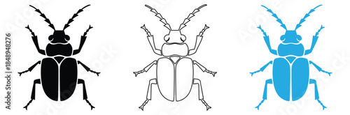 Rhino beetle silhouette logo, beetle head logo, beetle simple line logo,Three beetle silhouettes in black, white and blue on white,Japanese Rhinoceros beetle symbol, black isolated silhouette