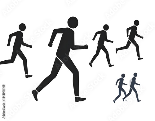 Several black and blue stick figures, depicted running on a white background, in varying sizes and shades