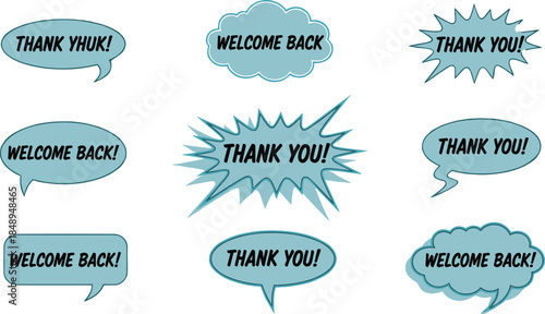 Set of Blue Comic Speech Bubbles with Thank You and Welcome Back Text in Various Shapes Isolated on White Background