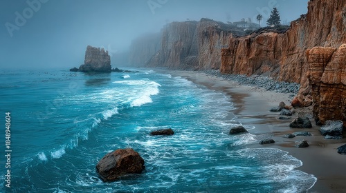 Fototapeta Naklejka Na Ścianę i Meble -  Foggy Cliffs Above Sandy Coastline