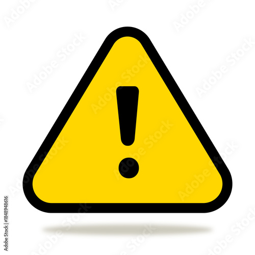Yellow triangular warning icon with bold exclamation mark, isolated on white background, representing caution, alert, risk, or important notification in safety communication