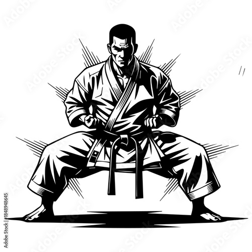 Martial Arts Karate Fighter Performing a Powerful Defensive Stance