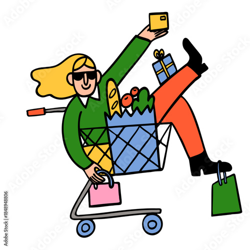 Woman with shopping bags riding grocery cart