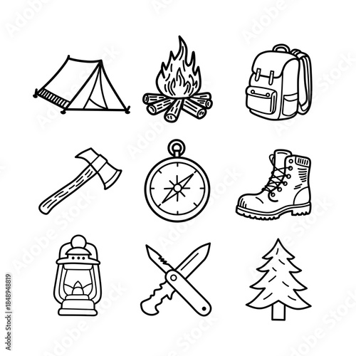 Hand Drawn Camping and Outdoor Gear Doodle Set. Black and white outline vector collection of hiking equipment and nature elements.