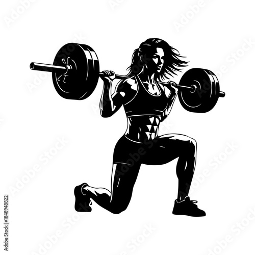 Strong Female Athlete Performing a Lunge Exercise with a Barbell on her Shoulders