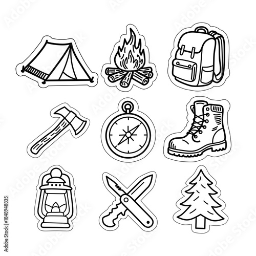 Adventure Camping Gear Sticker Sheet Bundle. Printable vector set of tent, campfire, and hiking equipment with white border die-cut style.