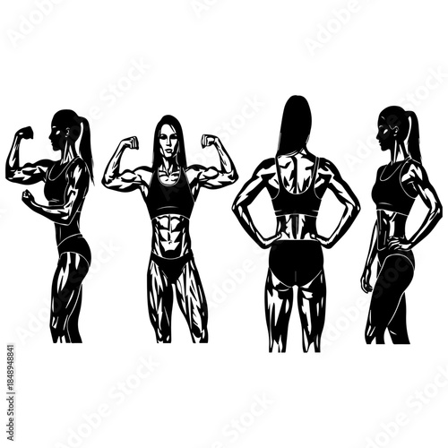 Four different poses of athletic woman showing muscles and fitness