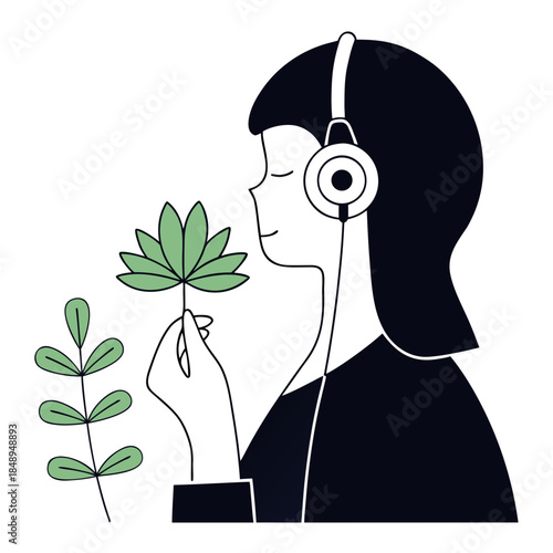 Woman peacefully smelling a flower while wearing headphones in a serene atmosphere