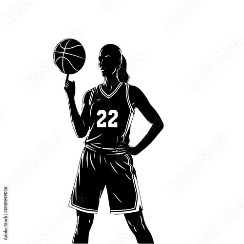 Silhouette of a female basketball player with number 22 on her jersey, spinning a basketball on her finger