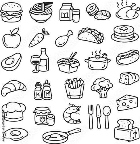 Black and white line art icons representing various food items and cooking 
