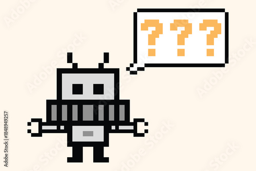 Cartoon humanoid robot learning toy robotic engineer bot machine business vector character automation electronic technology background 8bit artificial intelligence pixel art.