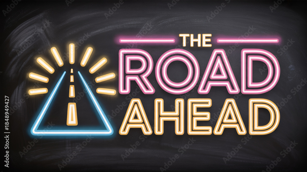 Obraz premium Neon sign typography with glowing road icon and headline text 