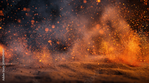 A dramatic shot of glowing embers and particles in mid-air, with a sense of energy and chaos