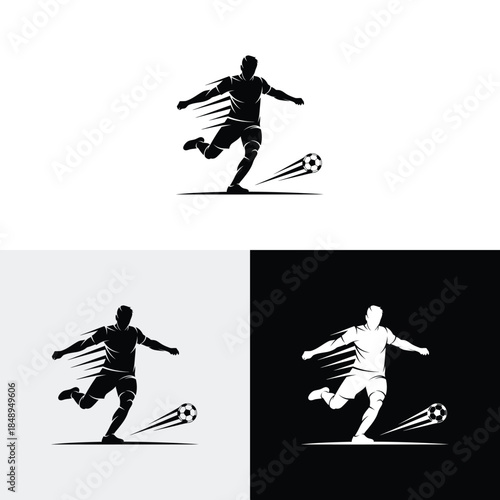 Soccer player kicking ball, abstract isolated vector silhouette logo