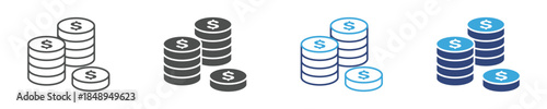 Stacked Coins Icon Set, Coin Savings Icon, Wealth Accumulation and Financial Growth Concept, Vector Illustration