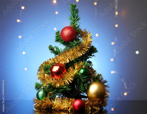 A decorated miniature Christmas tree wit a blue background and fairy lights. Ai