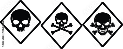 Skull and crossbones warning symbol collection in diamond frames flat vector illustration isolated on white background for hazard and safety design