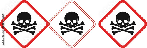 Toxic skull and crossbones warning sign collection in red diamond frame flat vector illustration isolated on white background for safety design