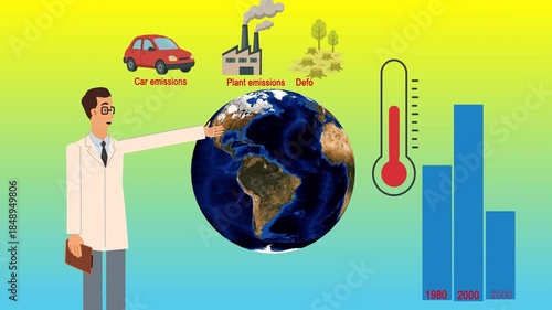 Explainer animation featuring a scientist speaking in the foreground while a rotating Earth appears in the background with factories, cars, deforestation, and industrial pollution. The planet graduall
