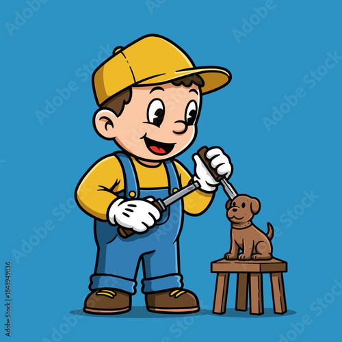 cartoon carpenter carving dog figure for diy blogs, craft websites, wood carving tutorials, children's creative education, toy design and hobby presentations