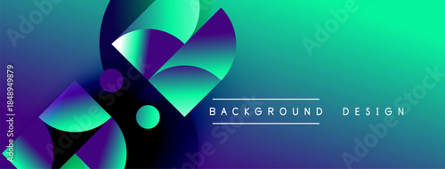 Abstract gradient background features overlapping shapes. Vivid blues, greens create dynamic visual effect. Text reads background design.