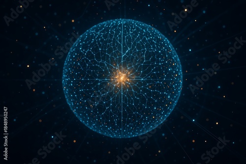 Abstract Digital Network Sphere with Glowing Core