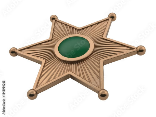Isolated golden star-shaped medal with central green jewel, military decoration, badge, symbol