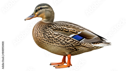Isolated Mallard duck standing, showing detail of markings and brilliant blue wing feathers