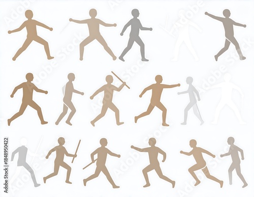Several similar human figures in varying poses, colors, and opacities are arranged in rows on a white background