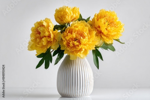Beautiful Yellow Peonies in White Ribbed Vase on Minimalist Table with Soft Background