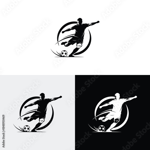 Soccer player kicking ball, abstract isolated vector silhouette logo