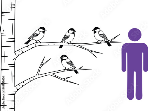 Minimalist Illustration of a Purple Person Silhouette Watching Small Birds Perched on a Tree Branch for Nature Connection Wildlife Observation and Peaceful Environment Concept