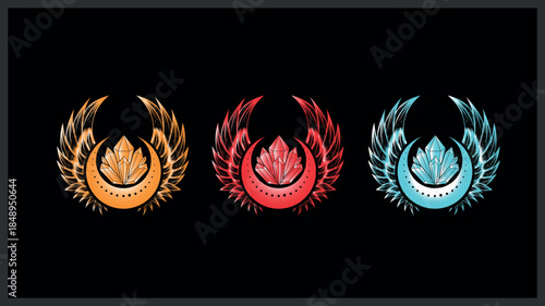 Colorful feather emblems with smiley faces