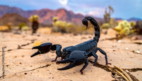 Scorpion on cracked earth in desert. Mountains & cacti in the background under a pink sky. Focus on the scorpion