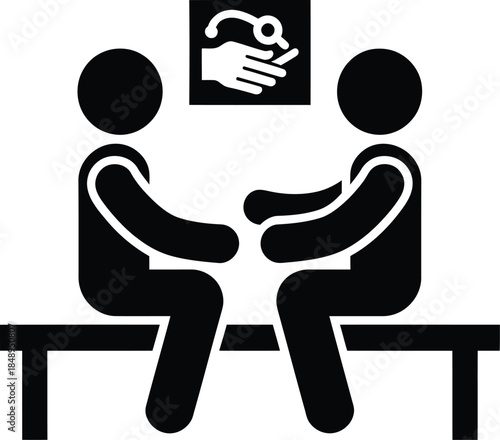 Abstract illustration of two figures discussing hand hygiene in a medical setting