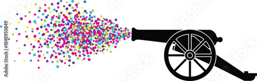 Black Cannon Silhouette Firing a Burst of Colorful Rainbow Confetti for Festive Celebration Party Event Surprise Holiday and Joyful Congratulations Illustration