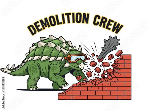 A cartoon Ankylosaurus wearing goggles smashes through a brick wall with its tail.