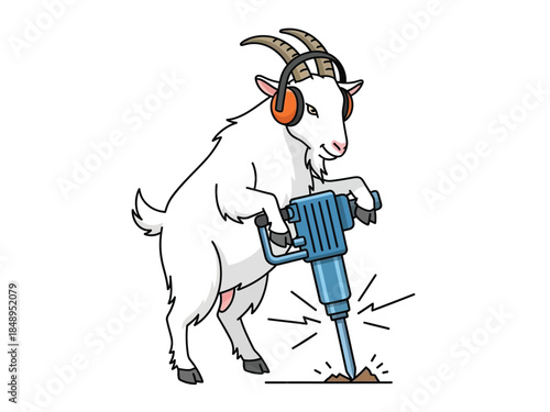 A white goat wearing earmuffs operates a blue jackhammer, breaking up the ground.