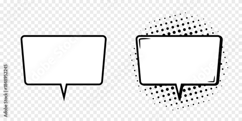 A set of rectangular speech bubble templates with a shadow of semitones on a transparent background. Vintage pop art style design. Vector illustration.
