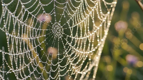 Spiderweb covered with water droplet shining in morning sun. Nature and insect background with bokeh. Outdoor macro photography.