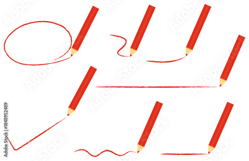 赤い鉛筆で書く様子のイラストセット