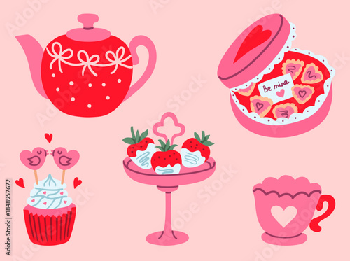 Flat style Valentine tea time set with red teapot, heart chocolate box, dipped strawberries, lovebird cupcake, and pink heart cup, perfect for romantic cards, cafe branding, and sweet party decor. 