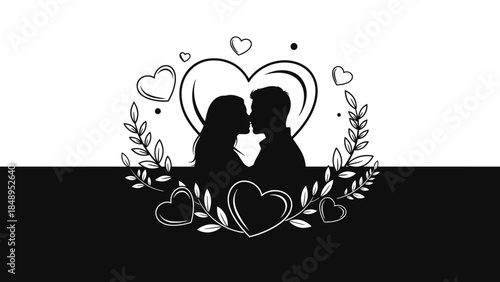 Romantic Silhouette of a Loving Couple Kissing with Hearts and Leaves in Duotone