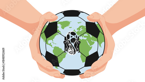 Human Hand Gently Holding a Soccer Ball with Globe Map Design on Isolated White Background